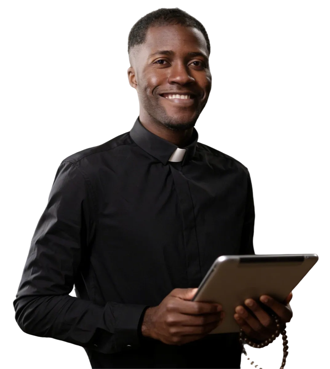 A smiling pastor holding a tablet